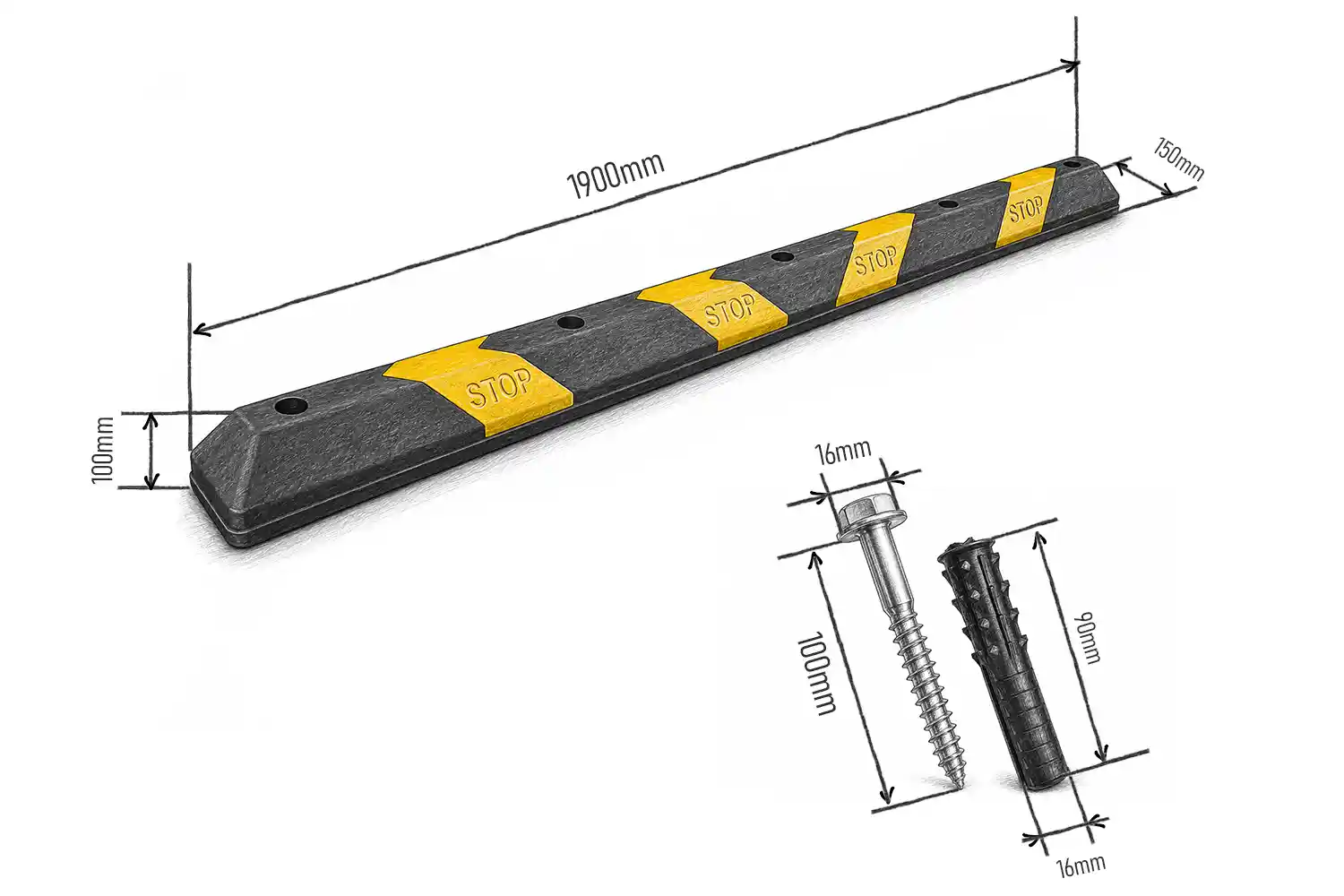 Dimenzije graničnika za parking PP L1900 duljine 190 cm