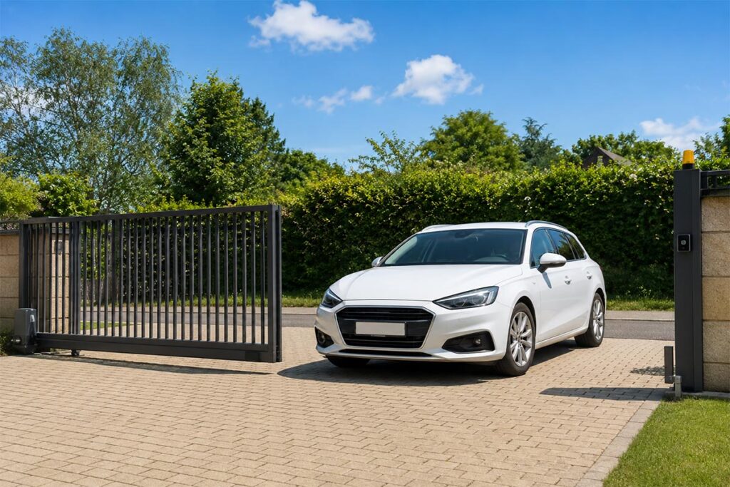 Automatska klizna vrata uz parkirani bijeli automobil