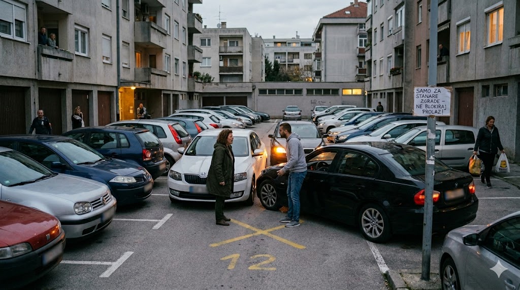 Prepuno dvorišno parkiralište između zgrada