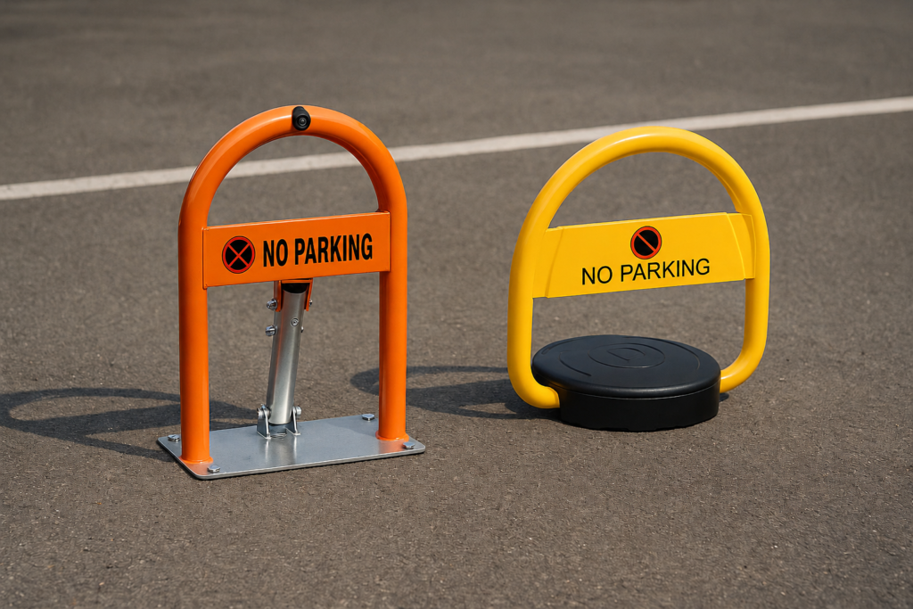 Dvije parking barijere na asfaltu s oznakom No Parking